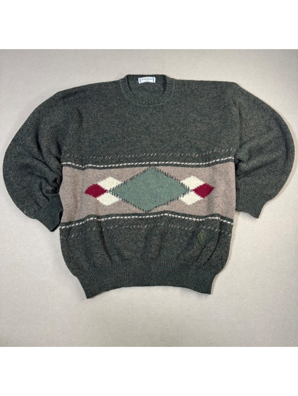 Vintage 80s YSL Yves Saint Laurent Tricots Diamond Knit Sweater Green Fits M/L